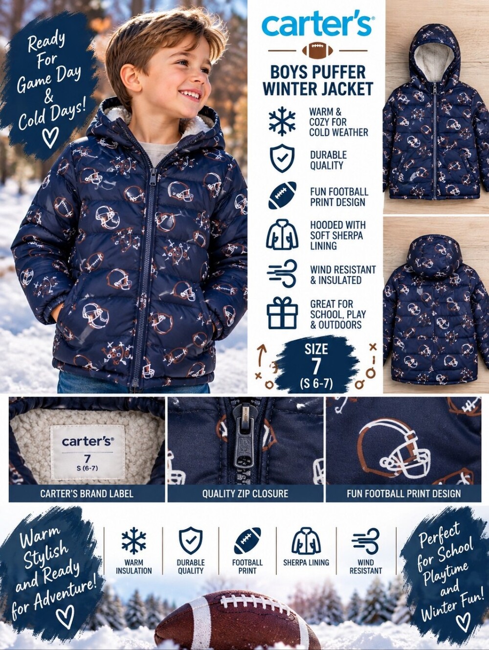 Carters boys size 7 blue puffer football winter jacket #35
